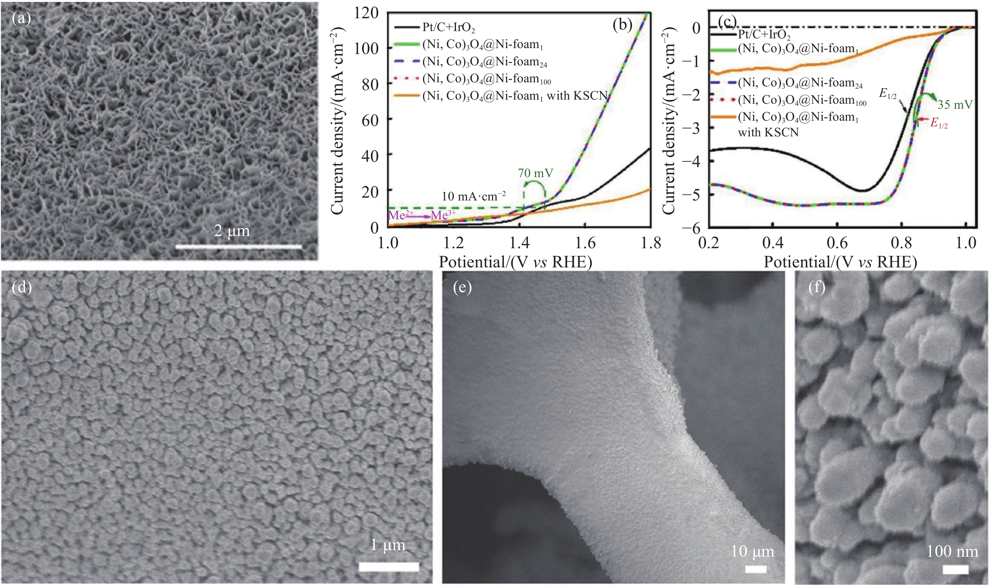 Ni/Co氧化物催化剂及性能[35]. (a) (Ni,Co)3O4@Ni-foam24的SEM图; (b) Pt/C+IrO2和(Ni,Co)3O4@ Ni-foam电极的OER曲线; (c) Pt/C+IrO2和(Ni,Co)3O4@Ni-foam电极的ORR曲线; (d~f)  CoP–MNA电极的SEM图